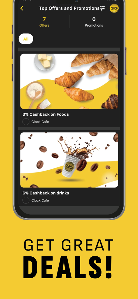 Clock Cafe - The Clock Cafe mobile app showing a list of top offers and promotions including cashback on food and drinks