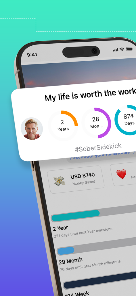 Sober SideKick: Quit Addiction - Sober Sidekick mobile app interface displaying sobriety time counters money saved and progress towards milestones