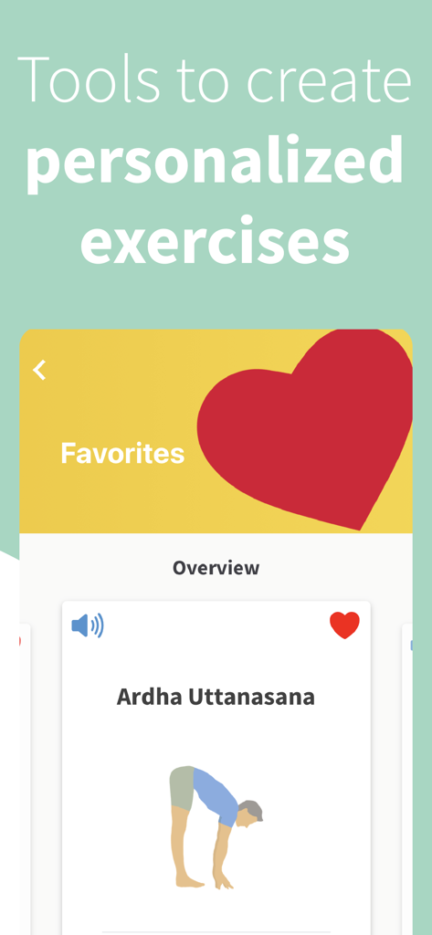 Hey Asana - Interface of Hey Asana app showing the favorites feature and an illustration of the Ardha Uttanasana yoga pose