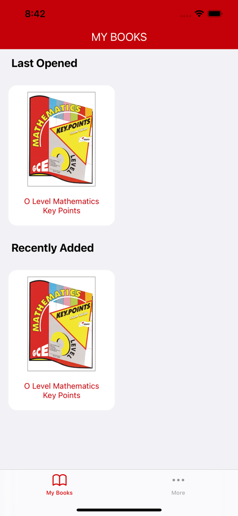 L'écran Mes livres de l'application Redspot eBooks montrant les guides d'examen de mathématiques de niveau O.