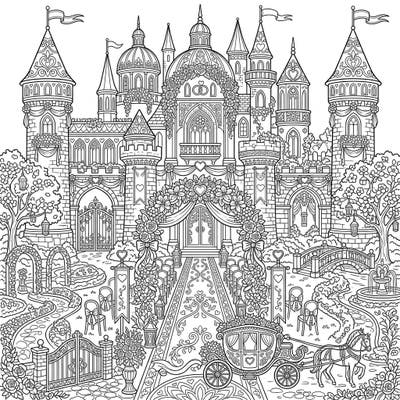 Celebrate love and intricate design with this stunning adult coloring page featuring a grand castle ready for a royal wedding. Lose yourself in the majestic architecture and romantic details, perfect for a relaxing creative escape.