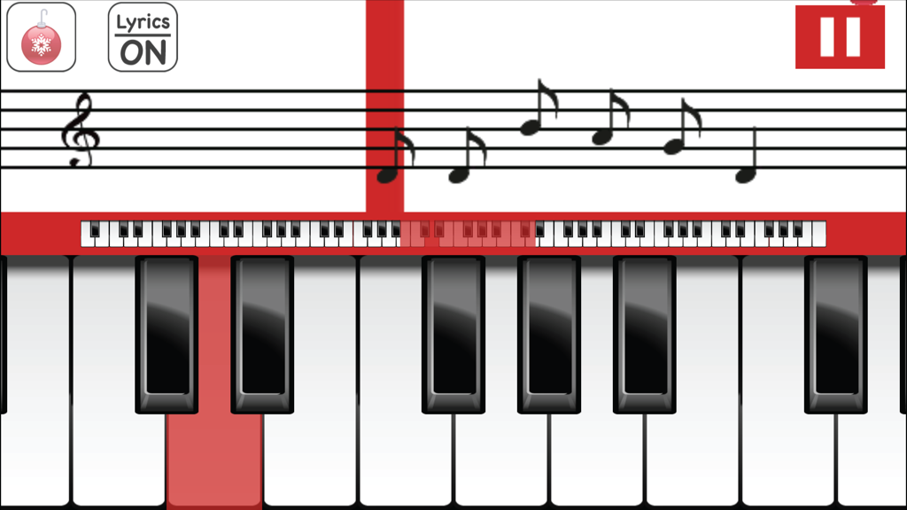 Christmas Piano with Songs - Virtual piano with sheet music and a highlighted key to help users learn Christmas songs.