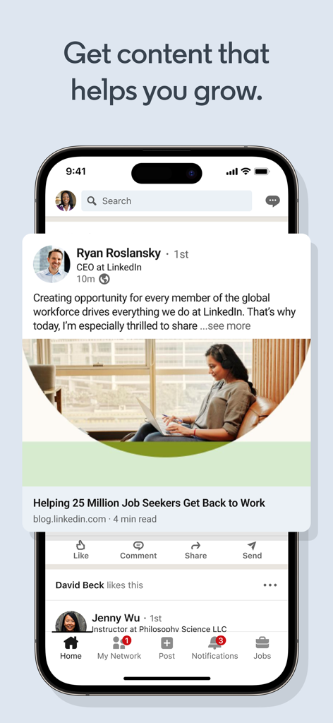 LinkedIn app news feed displaying professional content for career growth