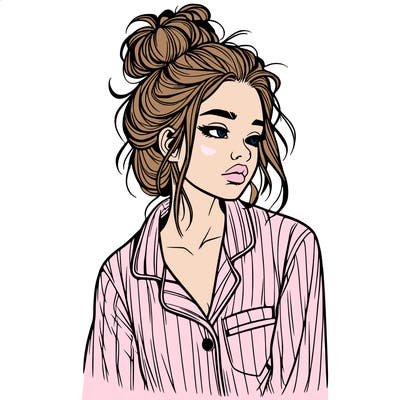 realistic woman with pajamas on and a messy bun