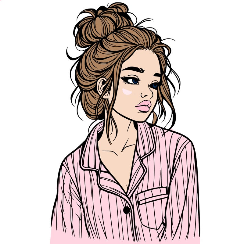 realistic woman with pajamas on and a messy bun