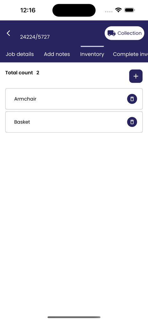 MoveMan AI Inventory app screen showing a digital list of items including an armchair and a basket for a moving job collection