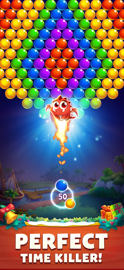 Bubble Viking Pop - Gameplay of Bubble Viking Pop featuring colorful bubbles a cute red dragon and the text perfect time killer