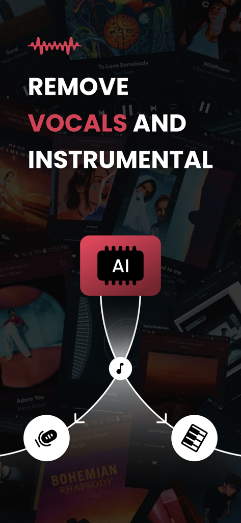 Song Vocal Remover - Music Ext - Interfaccia che mostra la tecnologia potenziata dall'IA per rimuovere voci e isolare strumenti dalle canzoni