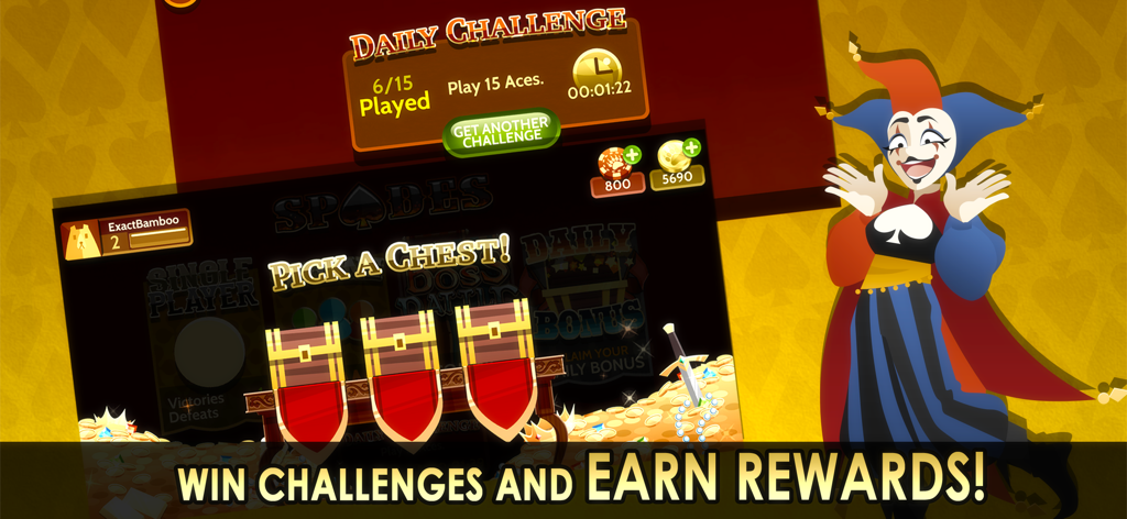 Spades Royale: Online + Single - Spades Royale game screen showing daily challenges and chest rewards with a jester character.