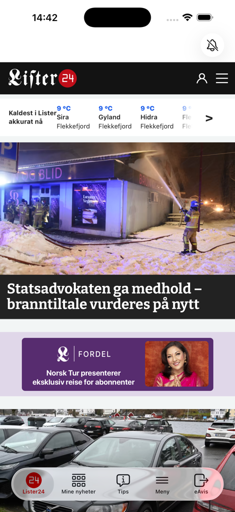 Lister24 - Lister24 local news app interface showing headlines and weather