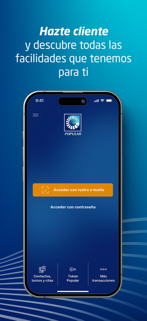 Pantalla de inicio de sesión de la aplicación móvil Banco Popular Dominicano mostrando acceso biométrico y funciones de banca segura