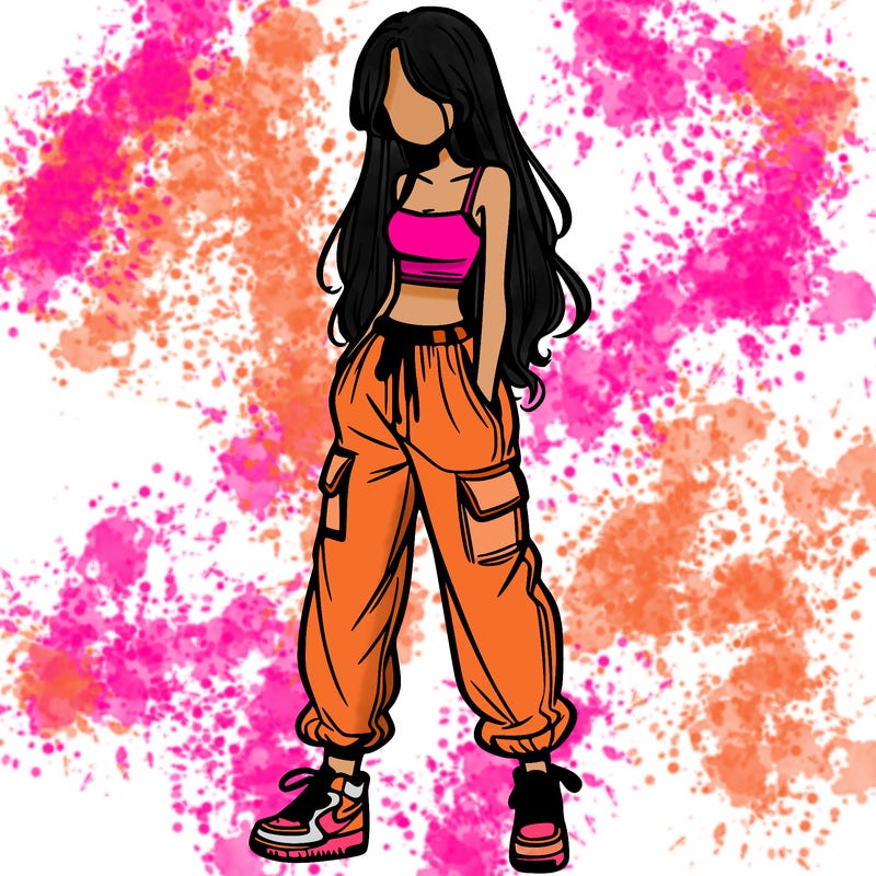 girl in baggy pants crop top and long hair