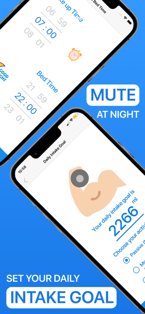 Water Now: Daily Drink Tracker - Water Now app screens showing daily hydration goal and sleep schedule settings