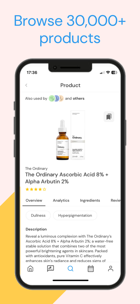 Écran de l'application Clear affichant des informations détaillées pour un produit de soin de la peau, y compris les ingrédients et les notes des utilisateurs.