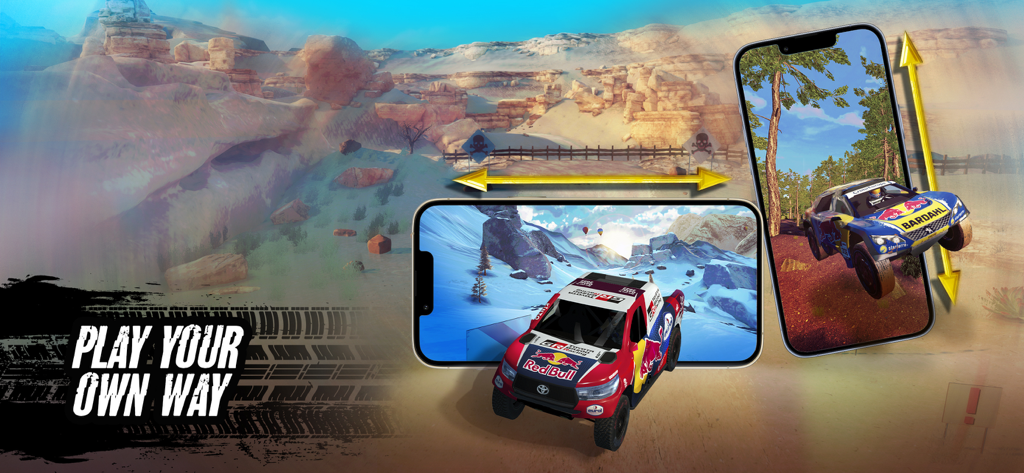 Offroad Unchained - El juego móvil Offroad Unchained muestra camiones de carreras Red Bull en diferentes entornos.
