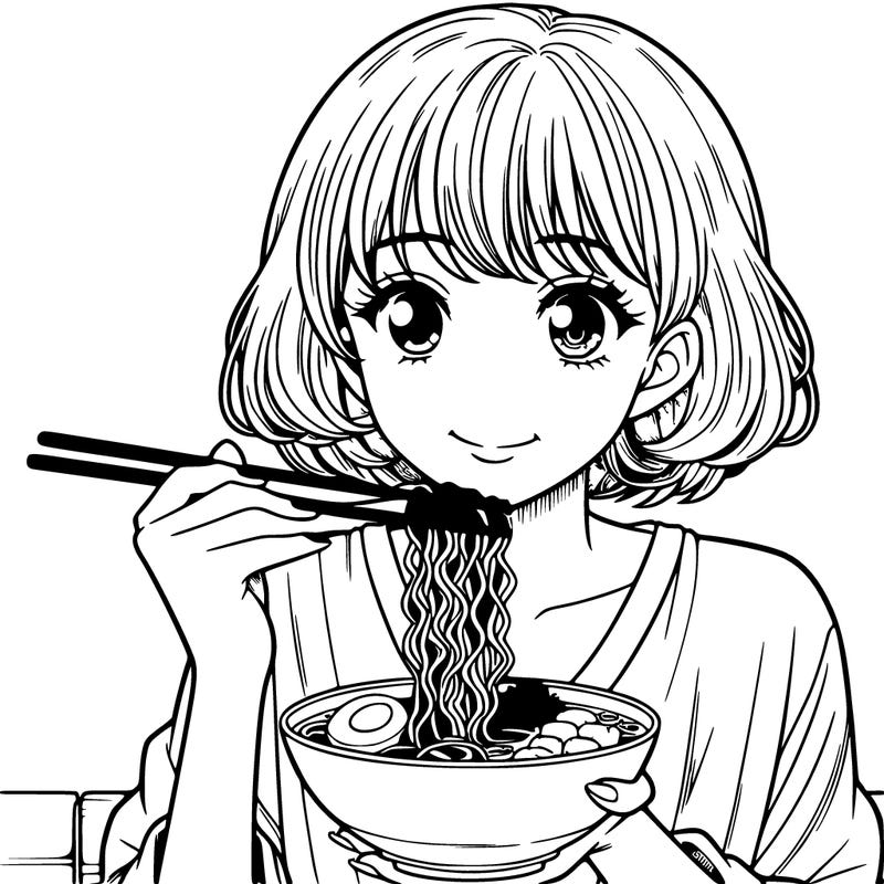 the beautiful manga girl eating buldak ramen with chopsticks