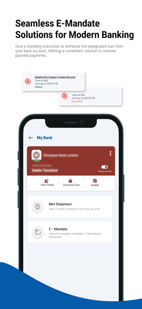 最新のバンキングのためのシームレスなe-mandateソリューションと銀行口座管理機能を示すconnectIPSアプリのモバイル画面。