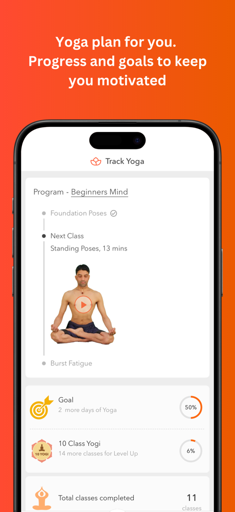 Track Yoga – A Simple Yoga App - Captura de pantalla de la aplicación Track Yoga que muestra el programa 'Mente de Principiante' con seguimiento del progreso y objetivos semanales