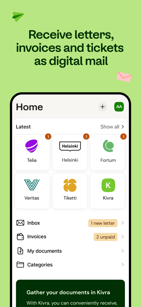 Kivra Suomi app home screen showing digital mail from companies and unpaid invoices