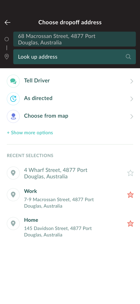 Port Douglas Transfers - Port Douglas Transfers app screen for choosing a dropoff address with recent locations and address lookup options.
