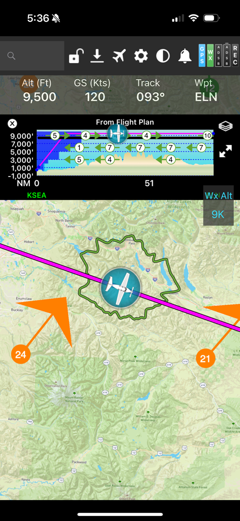 FlyQ plus EFB flight navigation screen showing a moving map with a glide ring and vertical profile