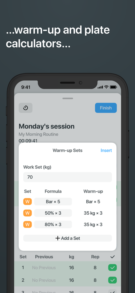 Strong Workout Tracker Gym Log - Interfaz de la aplicación Strong que muestra la función de calculadora de series de calentamiento para entrenamientos de gimnasio.