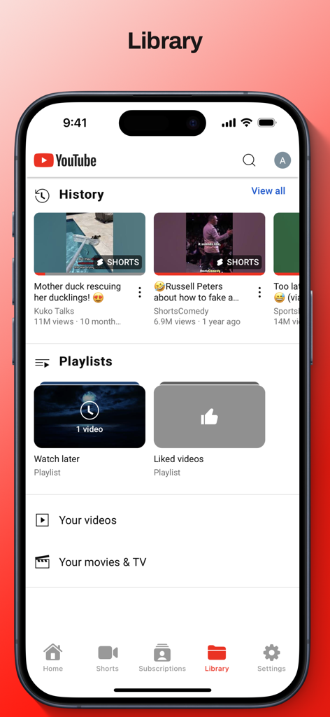 Screenshot of the Library tab in the Enhancements For YouTube app showing watch history and playlists.