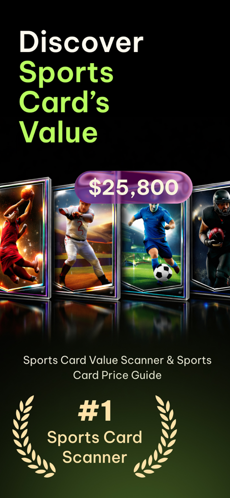 SnapCard: Sports Card Scanner - SnapCard app home screen showing sports cards value scanner and price guide with a 25800 dollar price tag