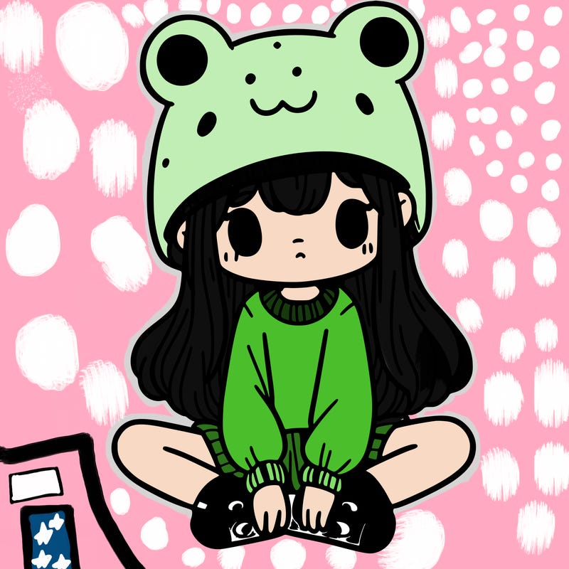 a girl wearing a frog hat and some frog socks