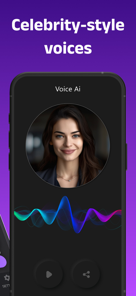 Smartphone interface showing AI celebrity voice transformation feature with an audio waveform and portrait of a woman