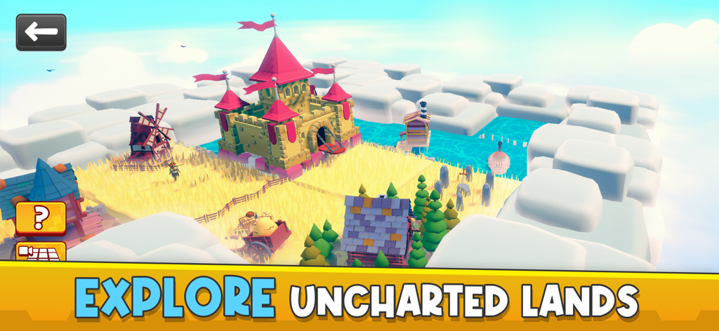 A colorful 3D kingdom with a castle and windmill under a blue sky with the text Explore Uncharted Lands