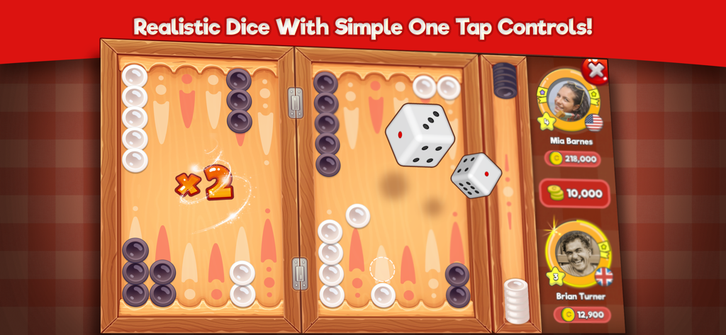 A 3D backgammon board with realistic rolling dice and player profile avatars