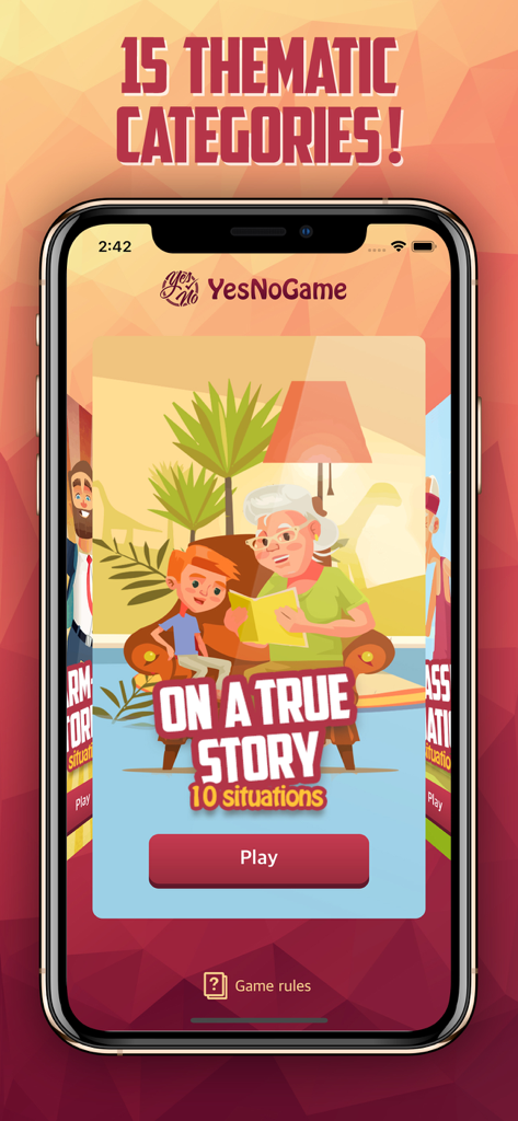 Group Games on Phone: Yes No - Mobile screen showing thematic categories for a lateral thinking group game featuring a true story puzzle pack