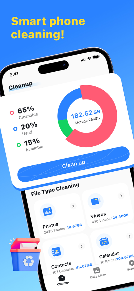 Smartphone storage cleanup dashboard showing cleanable files and categories like photos and videos