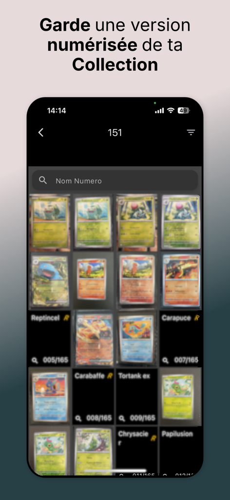 iEstims - Una interfaz móvil que muestra una cuadrícula de cartas Pokémon escaneadas dentro de un rastreador de colecciones digital