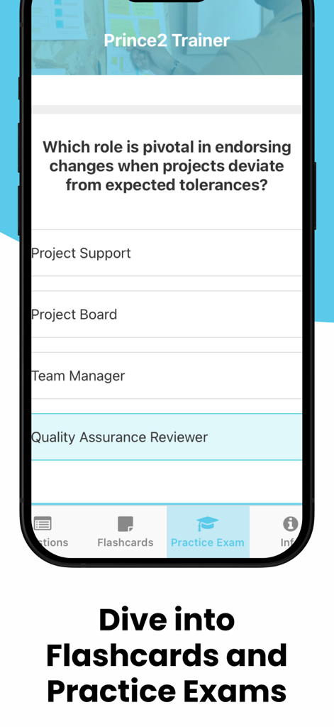 Mobile app interface of Prince2 Trainer Pro showing a multiple-choice practice exam question.