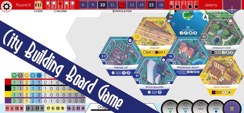 SUBURBIA City Building Game - Gameplay of Suburbia city building board game showing hexagonal tiles and player stats