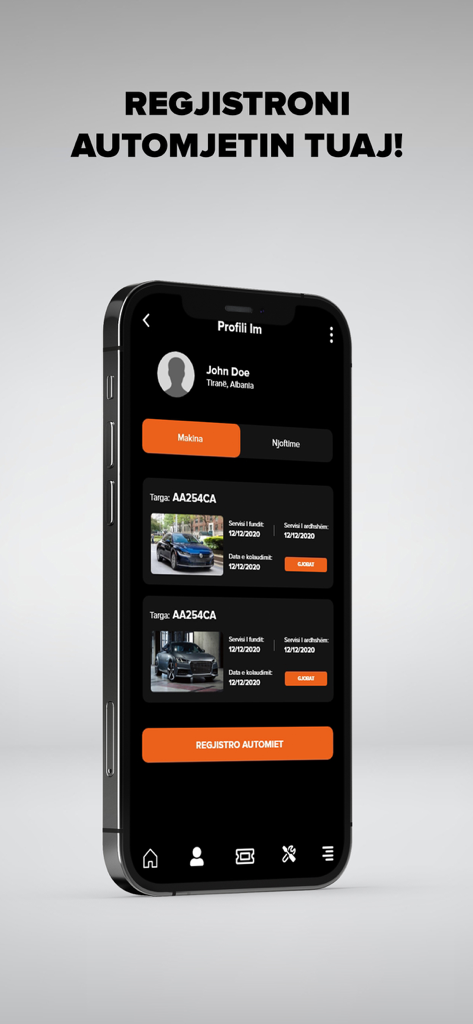 Makina Ime - Una pantalla de smartphone que muestra el perfil de usuario de la aplicación Makina Ime con vehículos registrados y fechas de servicio.