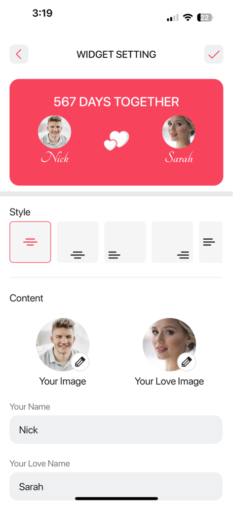 Interface for customizing a relationship milestone widget with couple photos and names