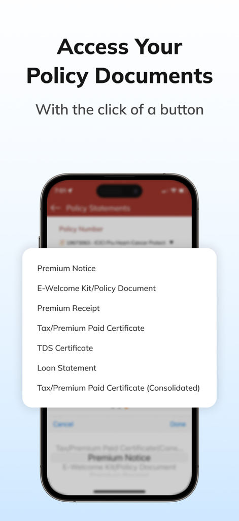 ICICI Prudential Life App screen showing a menu to access policy documents like premium receipts and tax certificates