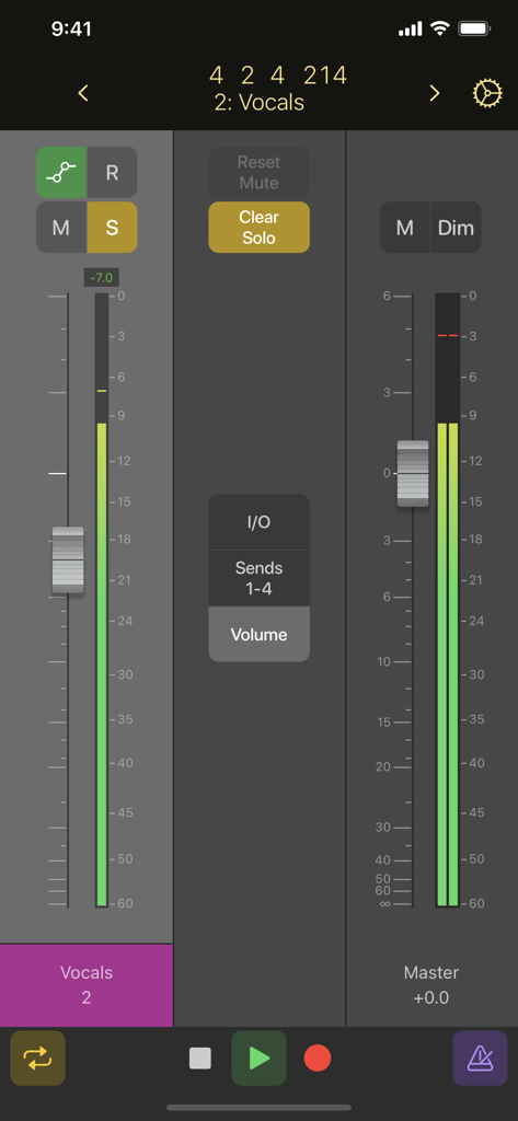 Logic Remote mobile app showing a digital audio mixer with vocal and master channel faders on an iPhone screen