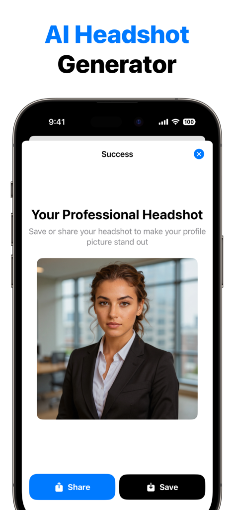 Professional Headshot: Optrix - Smartphone screen showing a professional AI generated headshot of a woman in business attire
