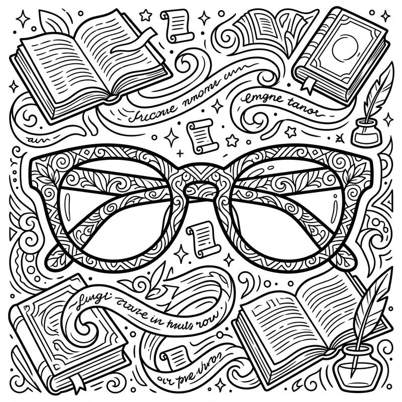 Explore the sophisticated world of reading with this intricate coloring page, featuring a beautifully designed pair of reading glasses surrounded by a treasure trove of books and literary elements. It's the perfect canvas for adults and teens seeking a calming, detailed coloring experience.