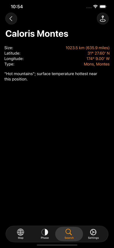 Mercury Atlas - カリュリス山脈の技術データ画面。サイズ、座標、地理的説明が含まれます。