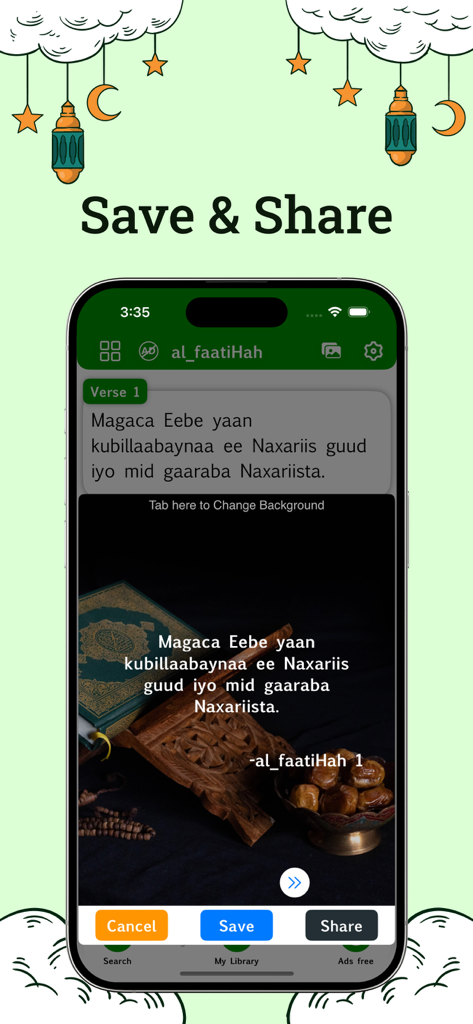 Screenshot of the Somali Quran app showing a verse graphic with options to save and share