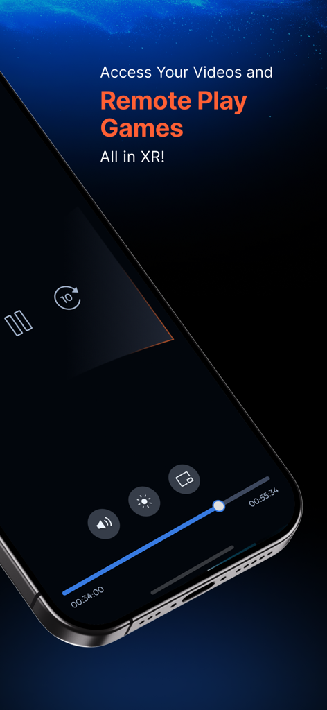 Aplicativo SpaceWalker no iPhone mostrando controles de vídeo e jogo remoto para óculos XR.