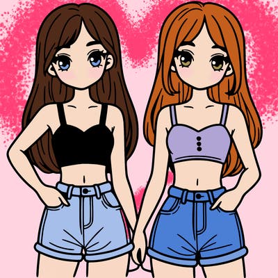 two sisters with crop tops and jean shorts and straight hair