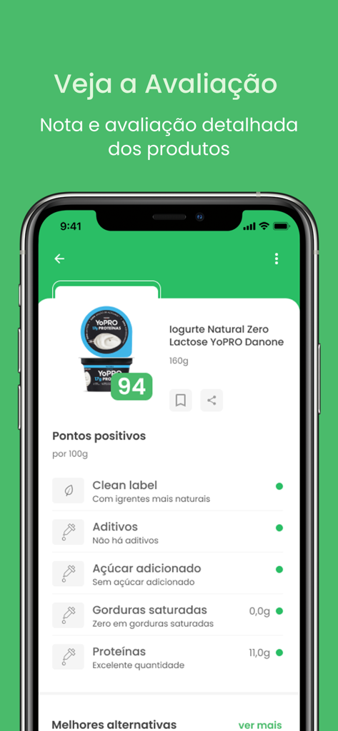 Smartphone screen showing a food product with a health score of 94 and a list of positive nutritional points like clean label and zero sugar.