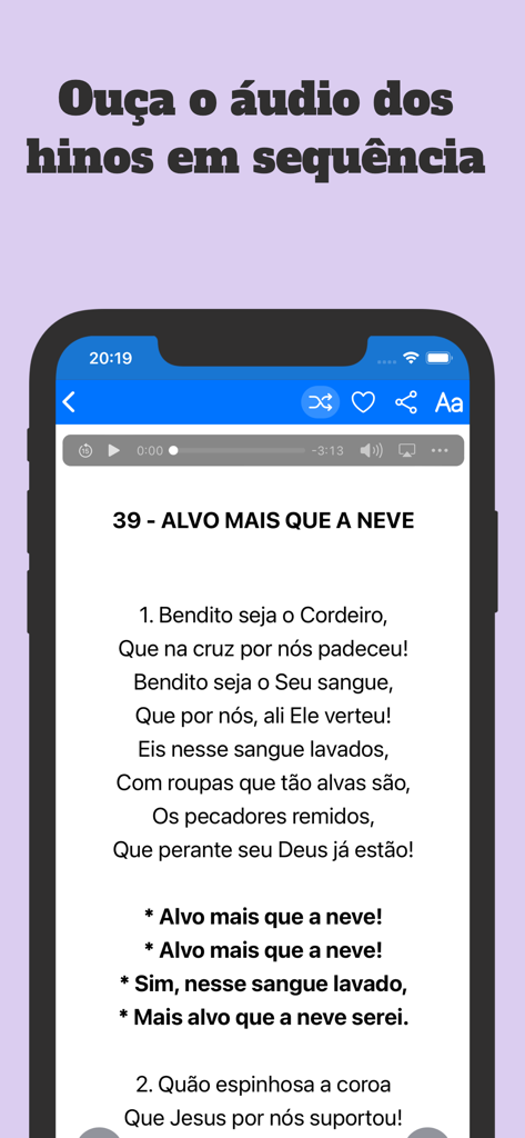 Bíblia Sagrada com Harpa - Pantalla de smartphone mostrando la letra y el reproductor de audio de un himno cristiano en portugués