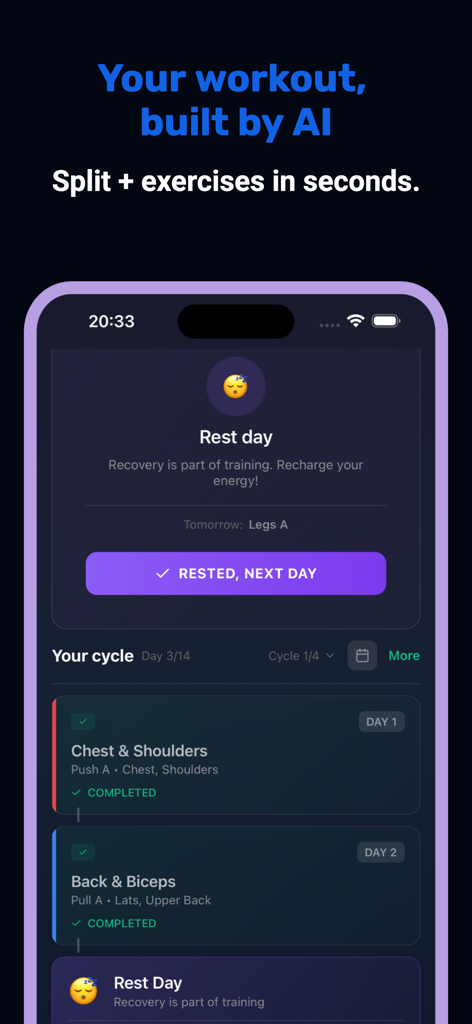 Arvo: AI Workout Coach - Arvo app interface showing an AI-generated workout cycle with specific muscle group splits and rest day tracking
